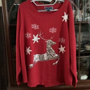 Karen Scott Red Sweater with Silver Reindeer Design